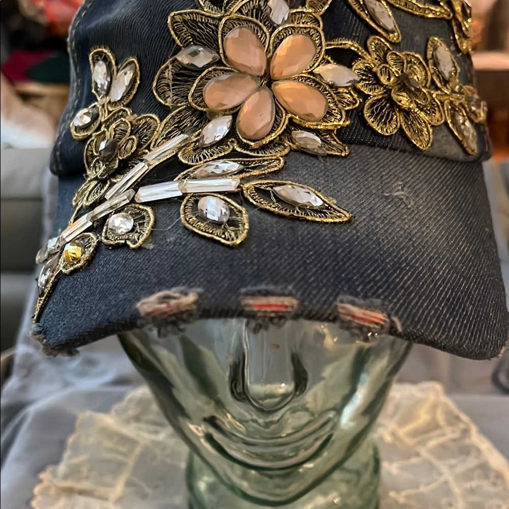 NWOT Crystal Embellished Denim Cap with Distressing on the Bill - Adjustable - Picture 2 of 5